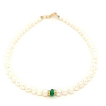 Βραχιόλι γυναικείο με λευκά μαργαριτάρια 3.5-4mm σμαράγδι και χρυσά στοιχεία Κ14 (585°)