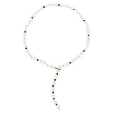 Women’s necklace with white pearls 8.5-10.5mm, rubies, emeralds, sapphires and gold clasp K18 with diamonds