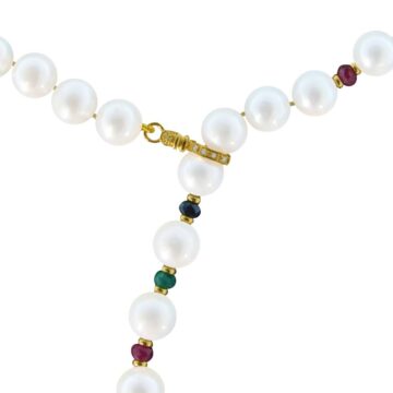 Women’s necklace with white pearls 8.5-10.5mm, rubies, emeralds, sapphires and gold clasp K18 with diamonds