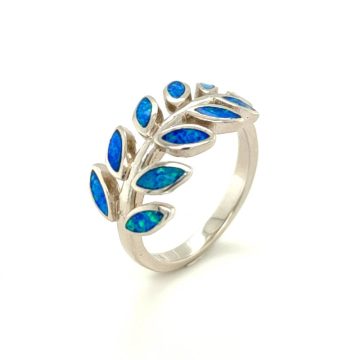 Women’s ring, silver (925°)  rhodium-plated, Olive Tree leaves with artificial opal