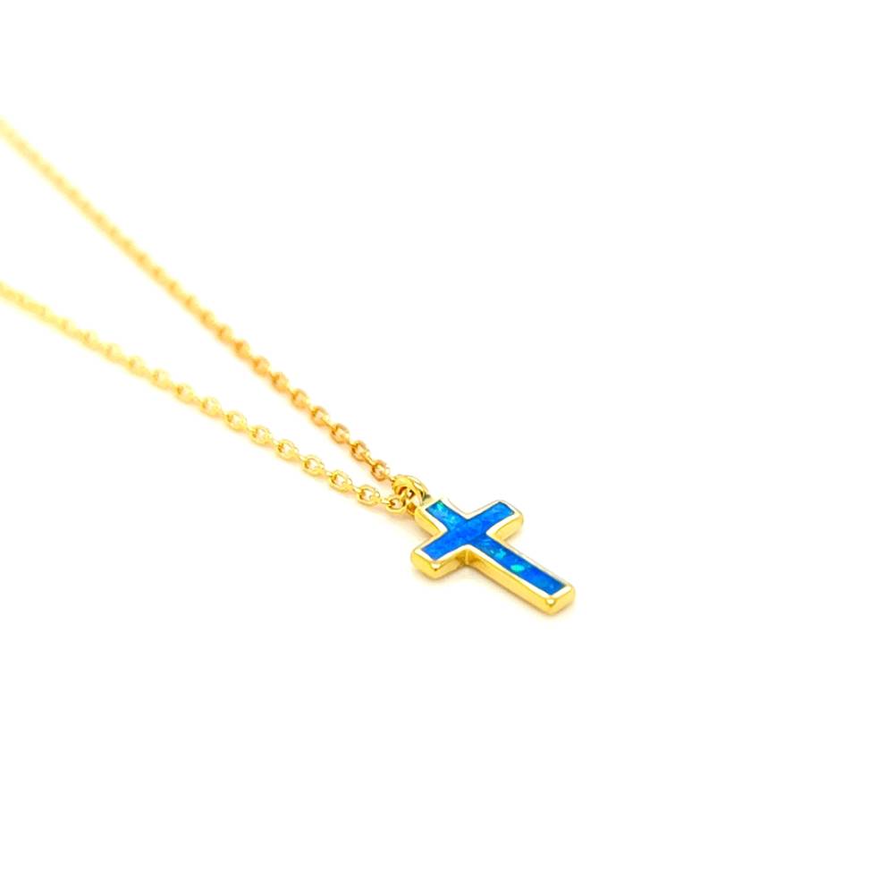 Women’s necklace, silver (925 °), cross with artificial opal, gold
