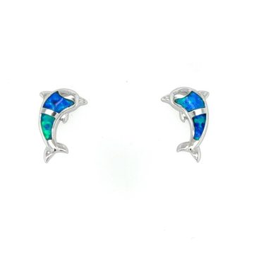 Earrings studded, silver (925°), Delphin with artificial opal