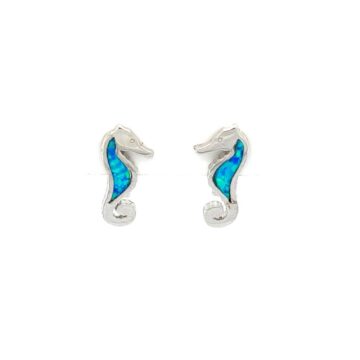 Earrings studded, silver (925°), Seahorse with artificial opal