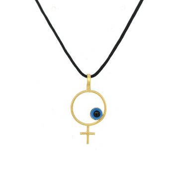 Παιδικό μενταγιόν σύμβολο φύλου θηλυκού με ματάκι μπλε , με μαύρο κορδόνι -Χρυσός Κ14 (585°)-