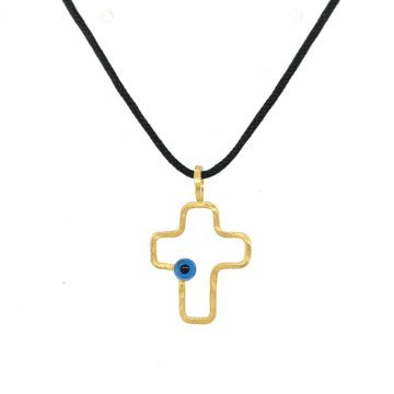 Μενταγιόν σταυρός με μάτι μπλε, με μαύρο κορδόνι-Χρυσός Κ14 (585°)-