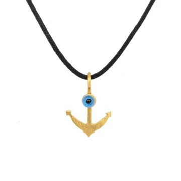 Children’s pendant anchor with evil eye and black cord, gold K14 (585°)