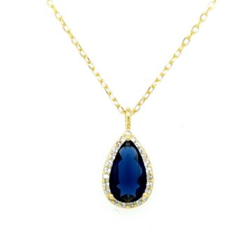 Women’s necklace,  rosette Gold- plated teardrop  with blue crystal -silver (925 °)