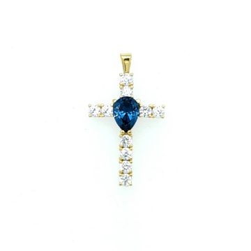 Cross with White/Blue Zircon, K9 Gold (375°)