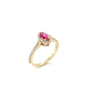 Δαχτυλίδι γυναικείο, χρυσός Κ14 (585°), ροζέτα ναβέτα με κόκκινο και λευκό ζιργκόν