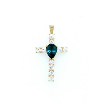 Cross with White/turquoise Zircon, K9 Gold (375°)