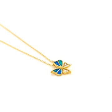 Women’s necklace , Gold-plated silver (925 °), butterfly with artificial opal and zircon