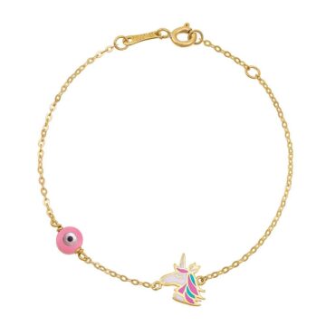 Children’s bracelet with an evil eye and unicorn, gold K9 (375°)