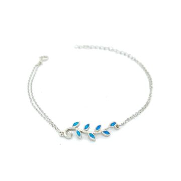 Bracelet with double chain, silver (925°), Olive Tree leaves with artificial opal