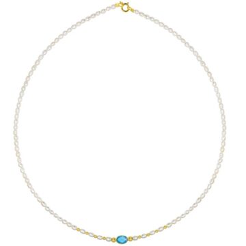 Κολιέ γυναικείο με λευκά μαργαριτάρια, blue topaz και χρυσά στοιχεία Κ14 (585°)