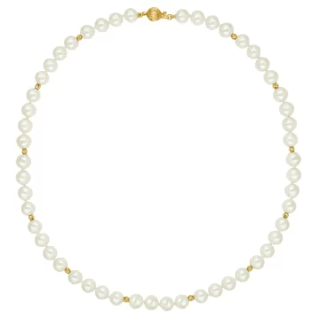 Women’s necklace with white pearls 7-7,5 mm ​​and gold elements K14 (585°)