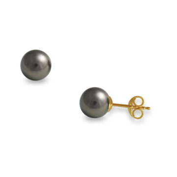 Women’s earrings with black pearls on a gold base K14 (585°), 7.5 – 8.0 mm