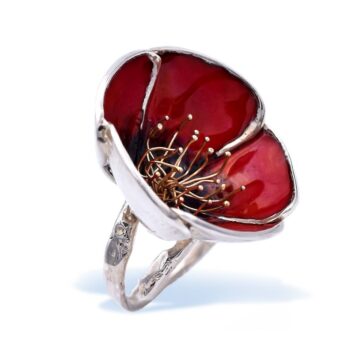 GIAMPOURAS COLLECTION  Women’s Red Poppy Flower Ring, Silver (925°) and Enamel