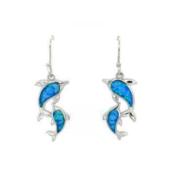 Women’s hanging earrings, silver (925°), Dolphins with artificial opal