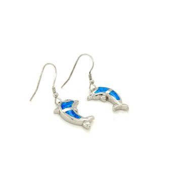Women’s hanging earrings, silver (925°), Dolphins with artificial opal