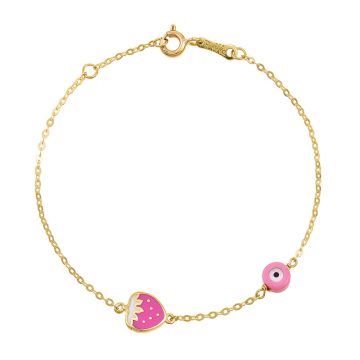 Children’s bracelet with strawberry and pink eye , gold K9 (375°)