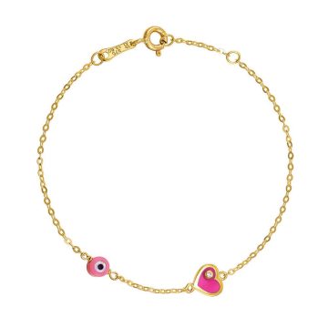 Children’s bracelet with heart and pink eye, gold K9 (375°)