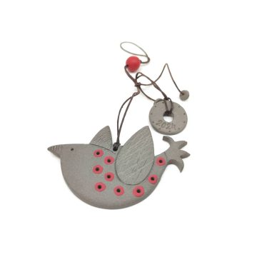 TREIS GRAMMES Ceramic hanging lucky charm bird 2024, grey/red, 10 x 6,5 cm