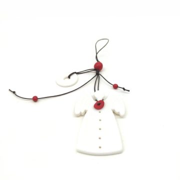 TREIS GRAMMES Ceramic hanging lucky charm angel 2024, white/red, 8 x 5,5 cm