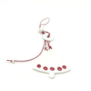 TREIS GRAMMES Ceramic hanging lucky charm bells 2024, white/red, 8 x 7,5 cm