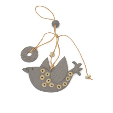 TREIS GRAMMES Ceramic hanging lucky charm bird 2025, grey/yellow, 10 x 6,5 cm