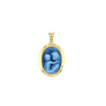 Μενταγιόν γυναικείο Cameo μπλε αχάτη ΄μαμα και παιδί΄, χρυσός Κ14 (585°)