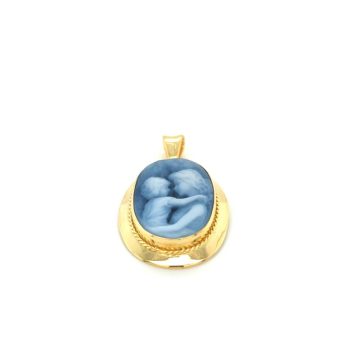 Μενταγιόν γυναικείο Cameo μπλε αχάτη ΄μαμα και παιδί΄, χρυσός Κ14 (585°)
