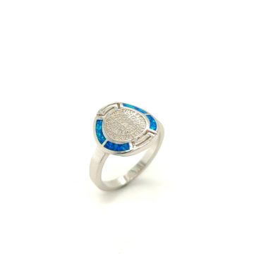 Γυναικείο δαχτυλίδι, ασήμι (925°) επιροδιωμένο, Δίσκος της Φαιστού και μαίανδρος με τεχνητό opal