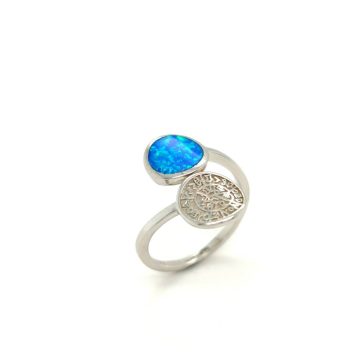 Women’s ring, silver (925°) rhodium-plated, Disc of Phaistos with artificial opal