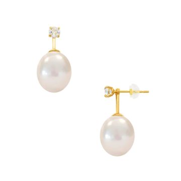 Women’s earrings with white pearls and zircons 2 in 1, gold K14 (585°)