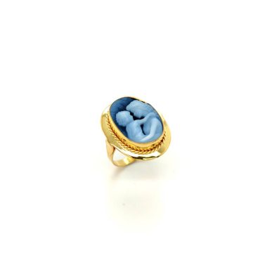 Δαχτυλίδι γυναικείο Cameo μπλε αχάτη ΄μαμά και παιδί΄, χρυσός Κ14 (585°)