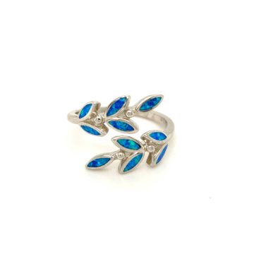 Women’s ring, silver (925°) rhodium-plated, Olive Tree leaves with artificial opal