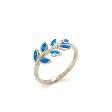 Women’s ring, silver (925°) rhodium-plated, Olive Tree leaves with artificial opal