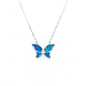 Women’s necklace, silver (925 °), chain and butterfly with artificial opal