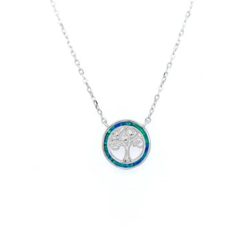 Women’s necklace, silver (925 °), chain and tree of life with artificial opal
