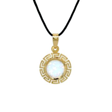 Pendant with black cord, gold K14 (585°), white artificial opal with a wreath of meander