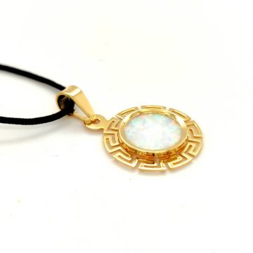 Pendant with black cord, gold K14 (585°), white artificial opal with a wreath of meander