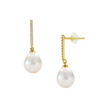 Women’s earrings with white pearls and zircons, K14 gold (585°)