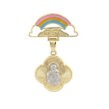 Children’s rainbow safety pin “Να ζήσει” with amulet Virgin Mary, gold K9 (375°)