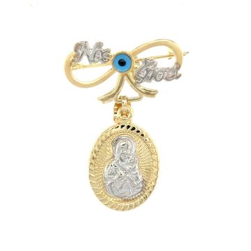 Children’s bow safety pin “Να ζήσει” with amulet Virgin Mary, gold K9 (375°)