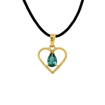 Heart pendant with petrol zircon and black cord, K9 gold (375°)