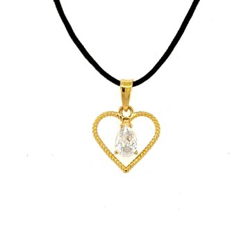 Heart pendant with white zircon and black cord, K9 gold (375°)