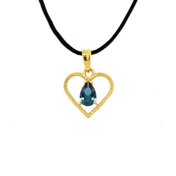 Heart pendant with london blue zircon and black cord, K9 gold (375°)