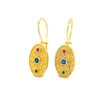 Byzantine hanging earrings oval with colorful zircon, gold-plated silver (925°)