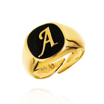 GREGIO Chevalier women’s ring monogram Α with black enamel, gold plated silver (925°)