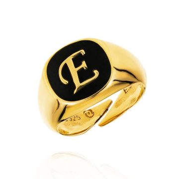 GREGIO Chevalier women’s ring monogram E with black enamel, gold plated silver (925°)